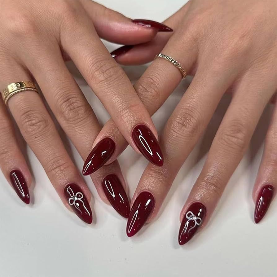 Glossy Burgundy White Bow Nails — Christmas Nails for Women Over 50 2026