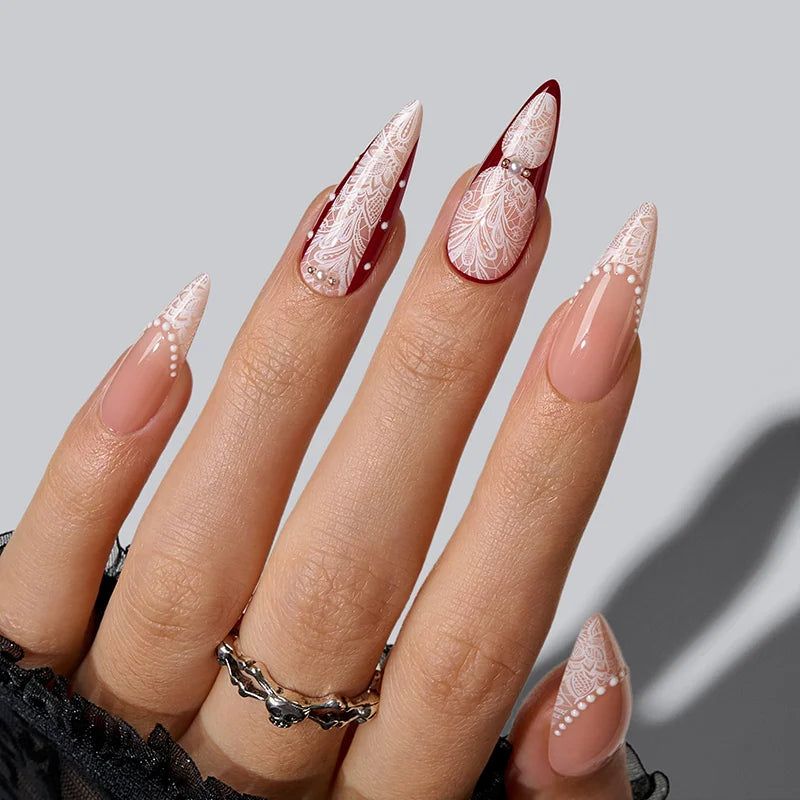 Nude Red Lace Pattern Stilettos Nude Red Lace Pattern Stilettos β New Years Stiletto Nails 2027
