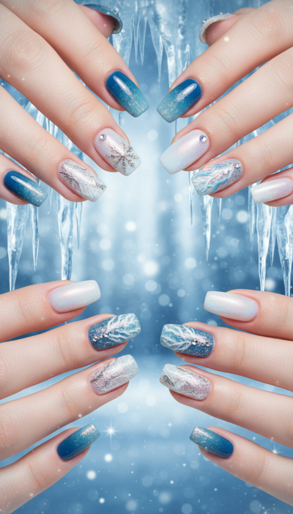Ethereal Icy Blue Glitter Ombre Nails Ethereal Icy Blue Glitter Ombre Nails β Winter Nail Designs