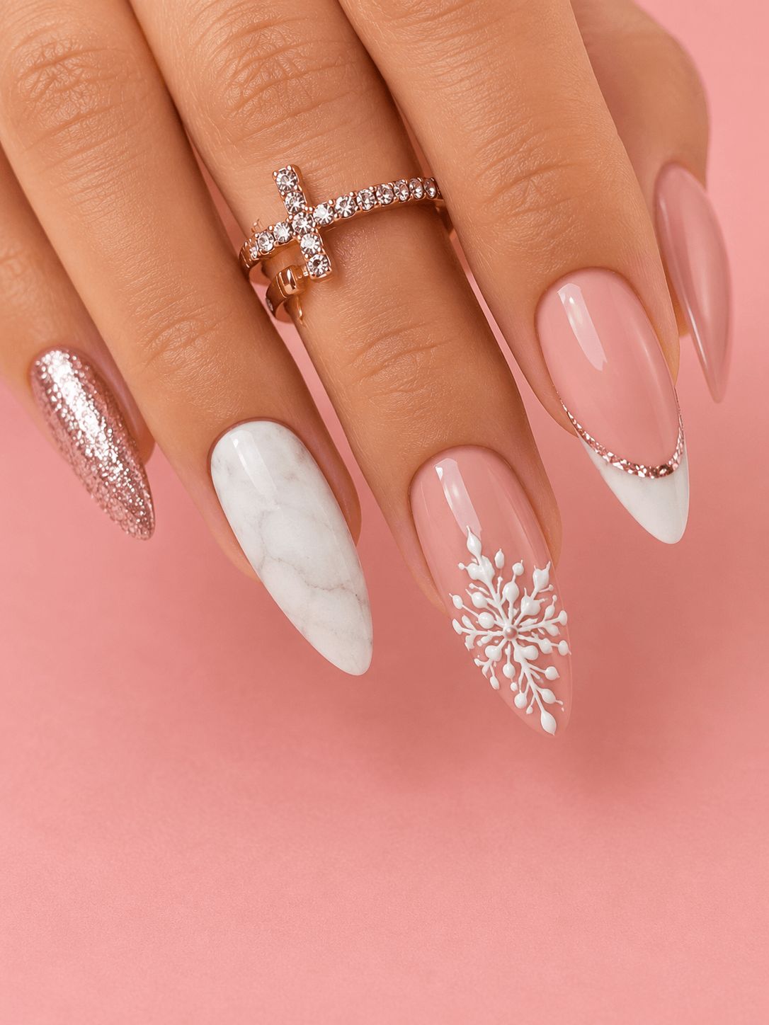 Marble Snowflake Rose Gold Almond Nails — New Years Almond Nails 2027