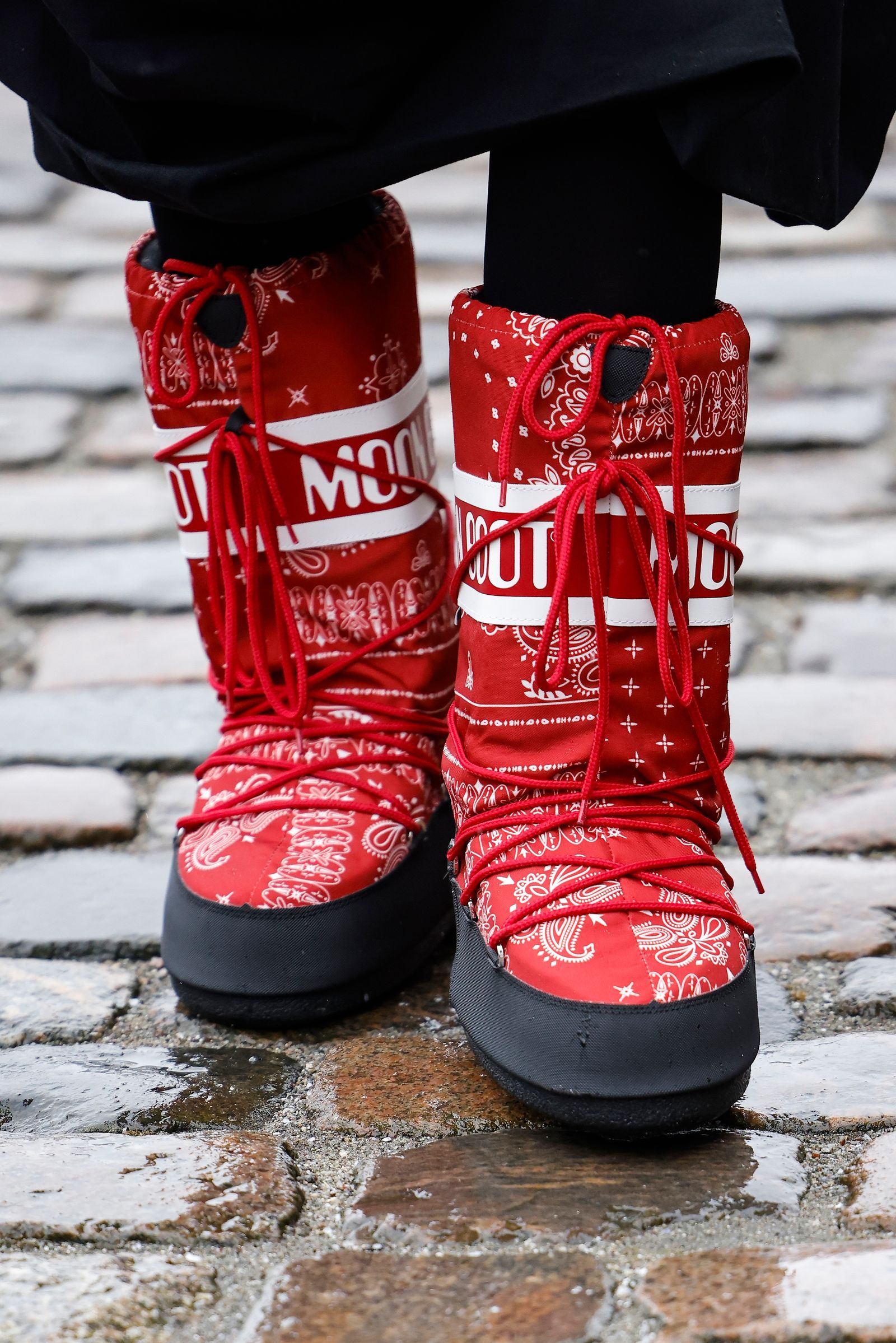 Bold Statement: Red Bandana Print Moon Boots — Moon Boots Outfits