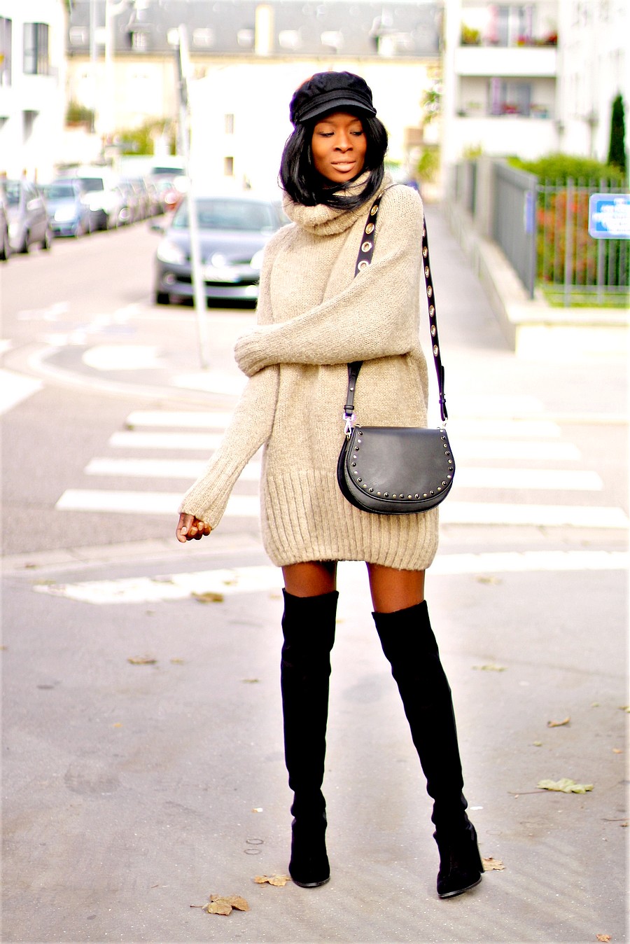 Oversized Sweater Dress with Suede Boots and Beret — Over the Knee Boots Outfits