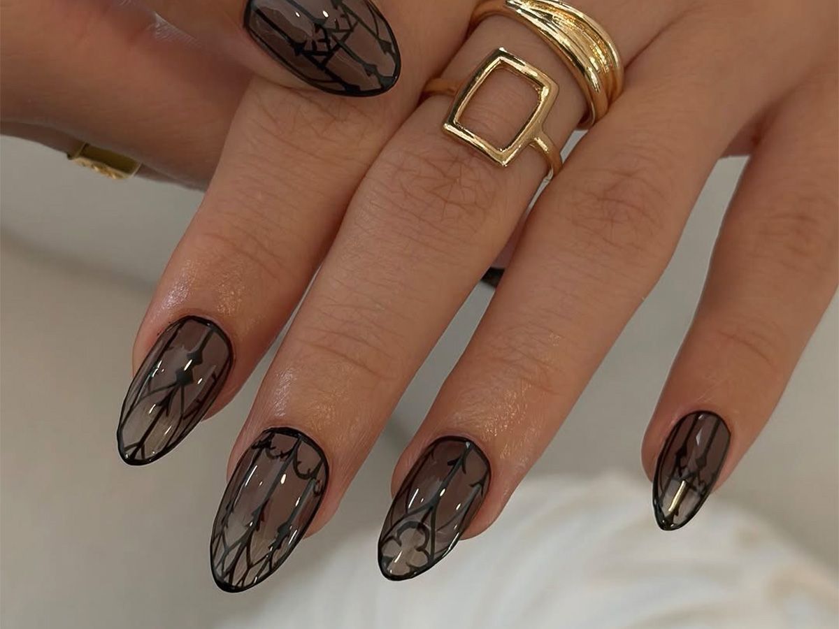 Sheer Grey Gothic Lace Stiletto Nails Sheer Grey Gothic Lace Stiletto Nails β Winter Nail Trends
