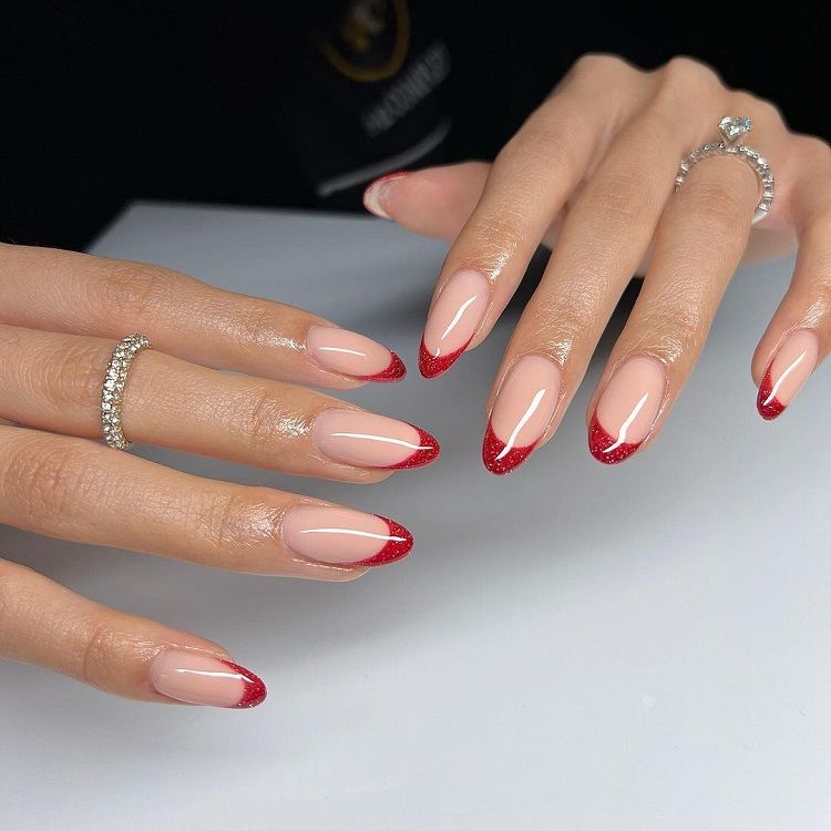 New Years Sparkling Red Glitter French Tip Almond Nails New Years Sparkling Red Glitter French Tip Almond Nails β Simple New Years Nails 2027
