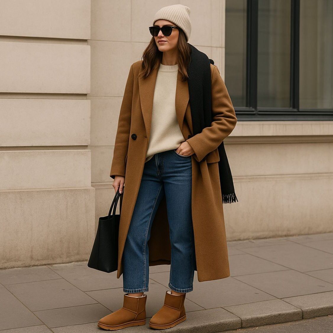 Classic Tan Uggs with a Long Wool Coat — Ugg Boots Outfits
