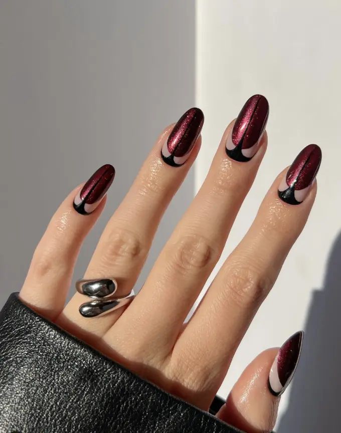 Metallic Red Half Moon Stiletto Nails — Cozy Winter Nails