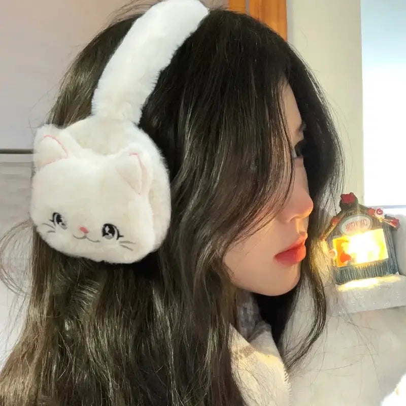 Cute Cat-Face Earmuffs in White with Pink Accents — Earmuffs Outfits