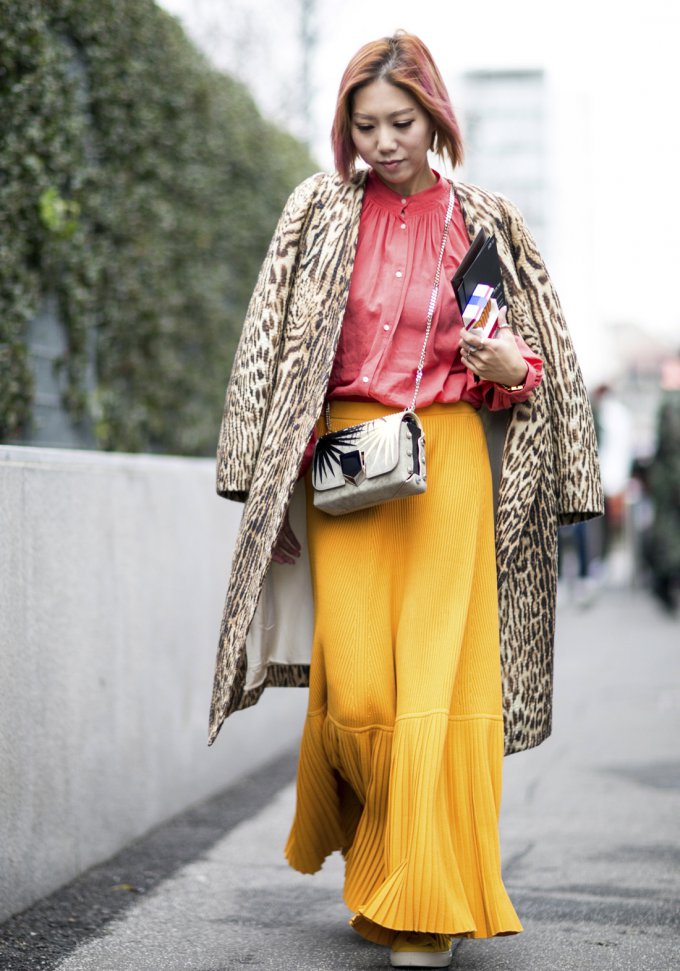 Long Leopard Coat with Coral Shirt and Mustard Skirt — Leopard Coat Outfits