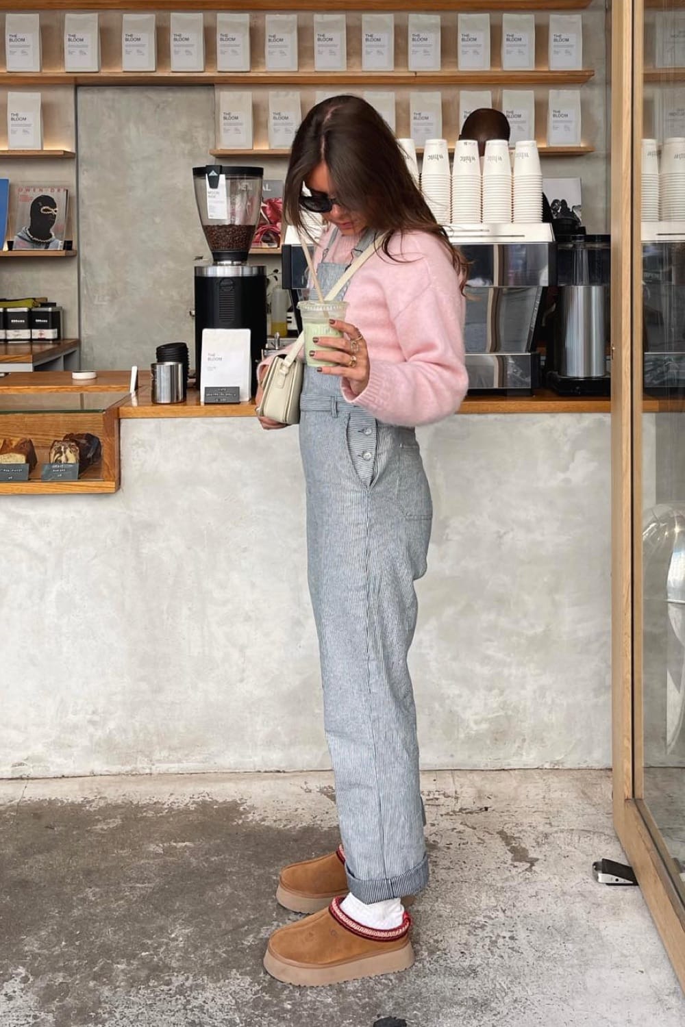 Pink Knit Sweater with Pinstripe Overalls and Tan Ugg Clogs Pink Knit Sweater with Pinstripe Overalls and Tan Ugg Clogs β Ugg Slippers Outfits