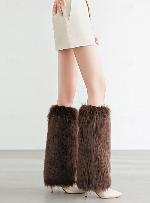 Brown Faux Fur Leg Warmers with Cream Mini Skirt — Leg Warmers Outfits