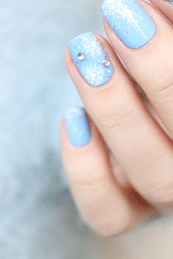 Light Blue with Rhinestone Snowflakes Light Blue with Rhinestone Snowflakes β Winter Nail Art
