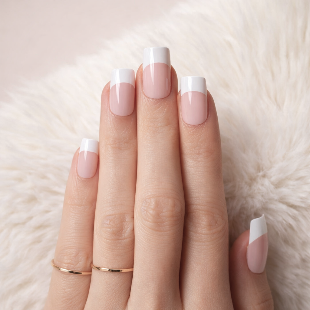 Mauve-Pink Glitter Line French Nails — Short Winter Square Nails