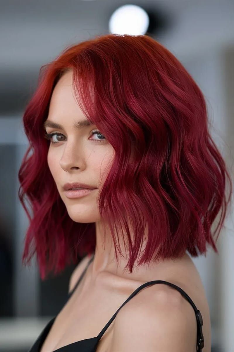 Collarbone Long Bob With Blunt Bangs — Cherry Cola Hair Color
