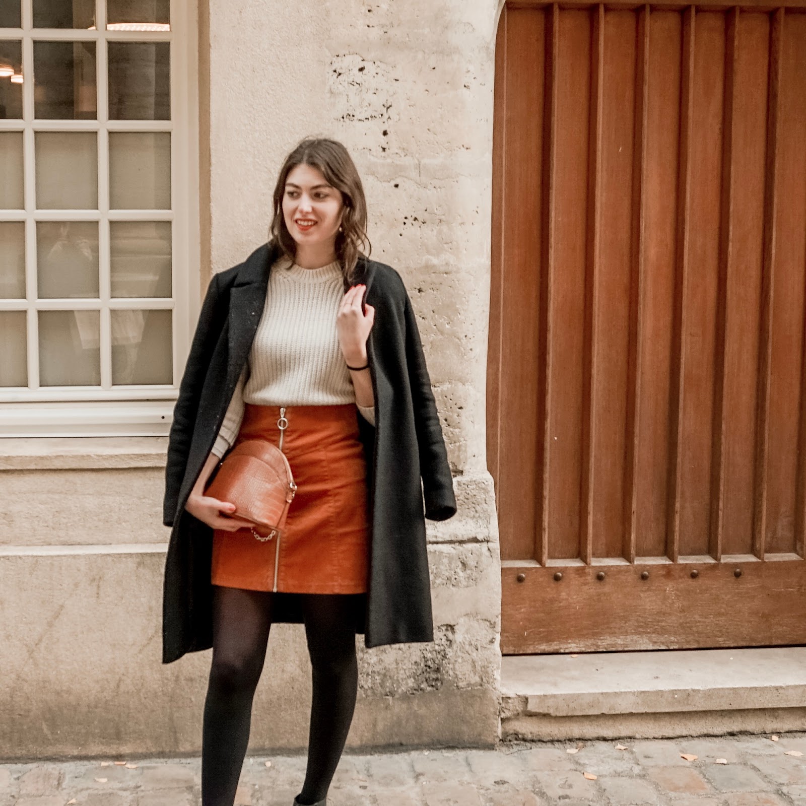 Orange Suede Mini Skirt with Knit Sweater and Wool Coat — Winter Skirt Outfits