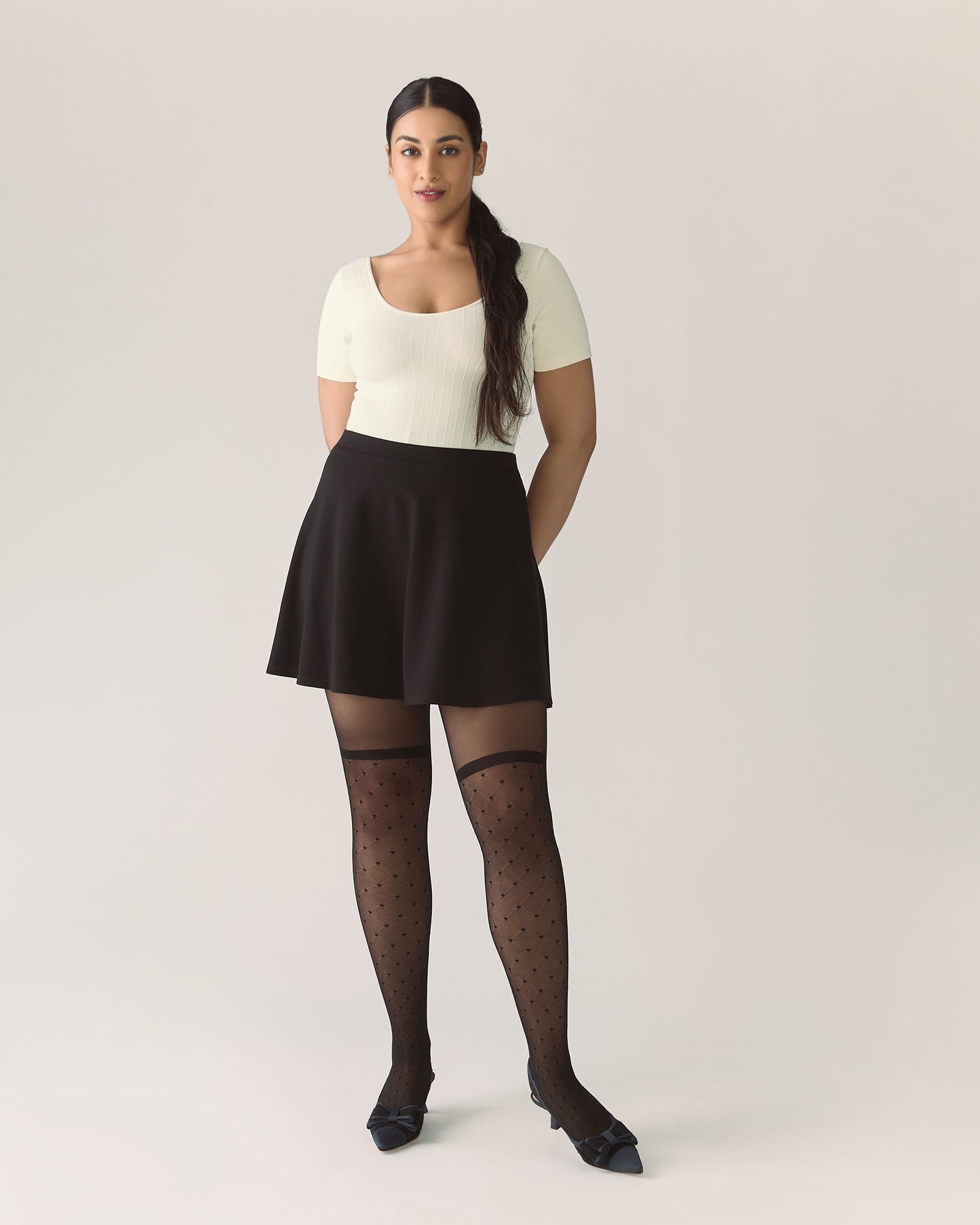 Subtle Polka Dot Tights with Ribbed Top and A-line Skirt Subtle Polka Dot Tights with Ribbed Top and A-line Skirt β Tights Outfits