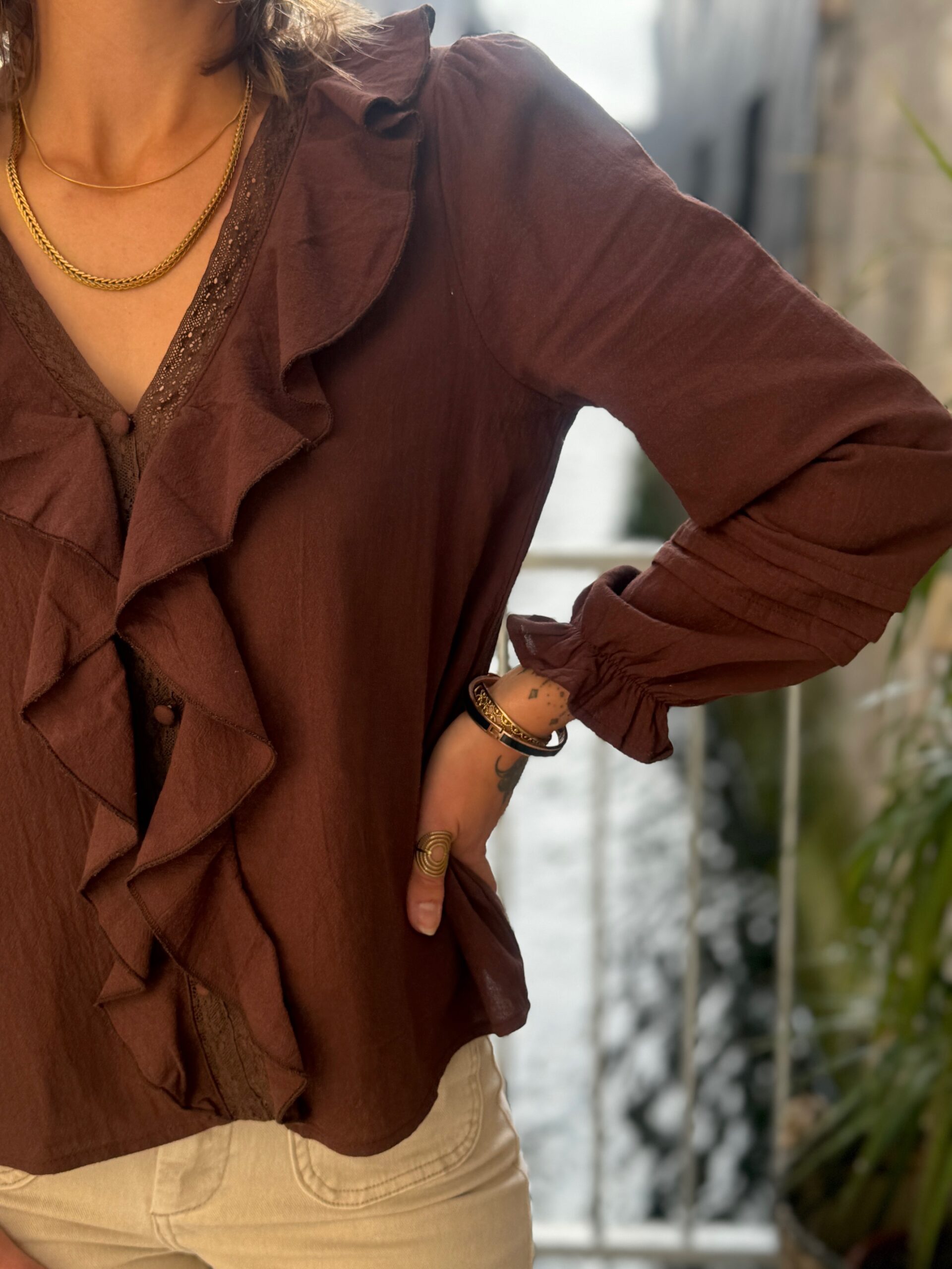 Chocolate Brown Ruffled Cotton Blouse Chocolate Brown Ruffled Cotton Blouse β Chocolate Brown Outfits