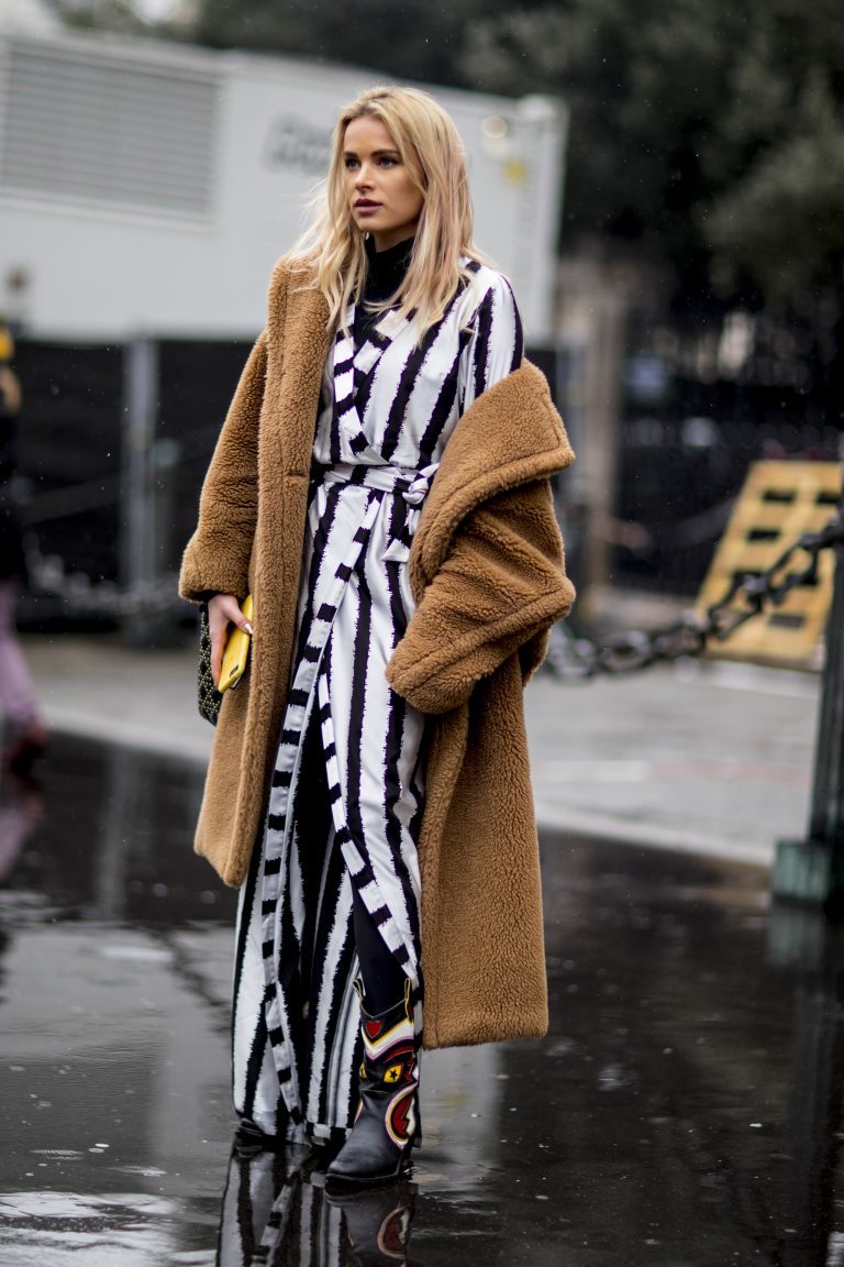 Brown Teddy Fleece Long Coat with Striped Maxi Dress Brown Teddy Fleece Long Coat with Striped Maxi Dress β Long Coat Outfits