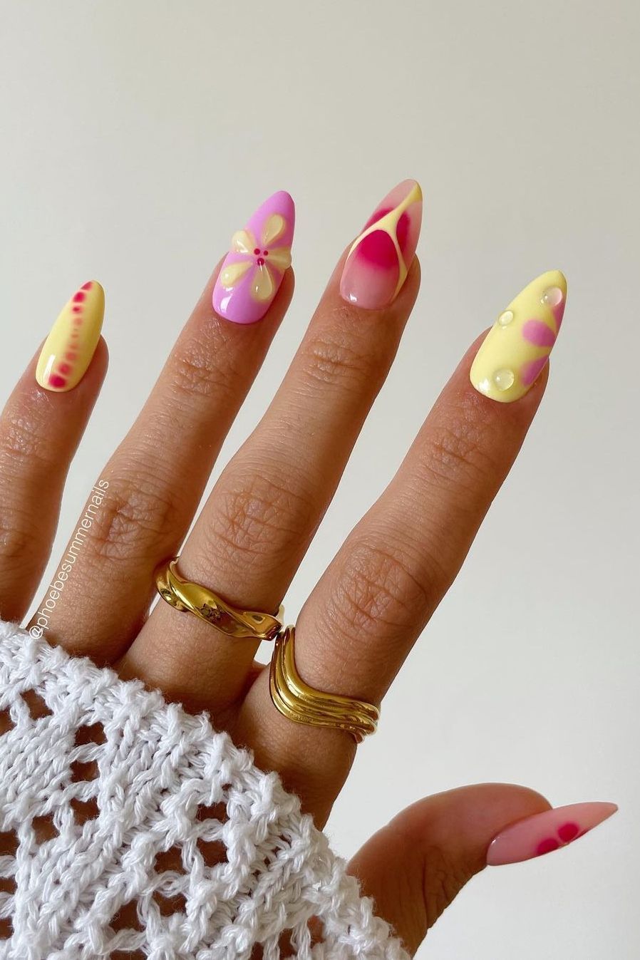 Long Almond Pink and Yellow Swirls — Holiday Nail Colors 2026