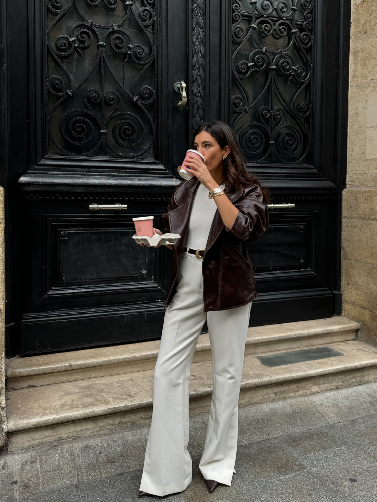 Faux-Leather Blazer Over Wide-Leg Trousers Faux-Leather Blazer Over Wide-Leg Trousers β Winter Going Out Outfits
