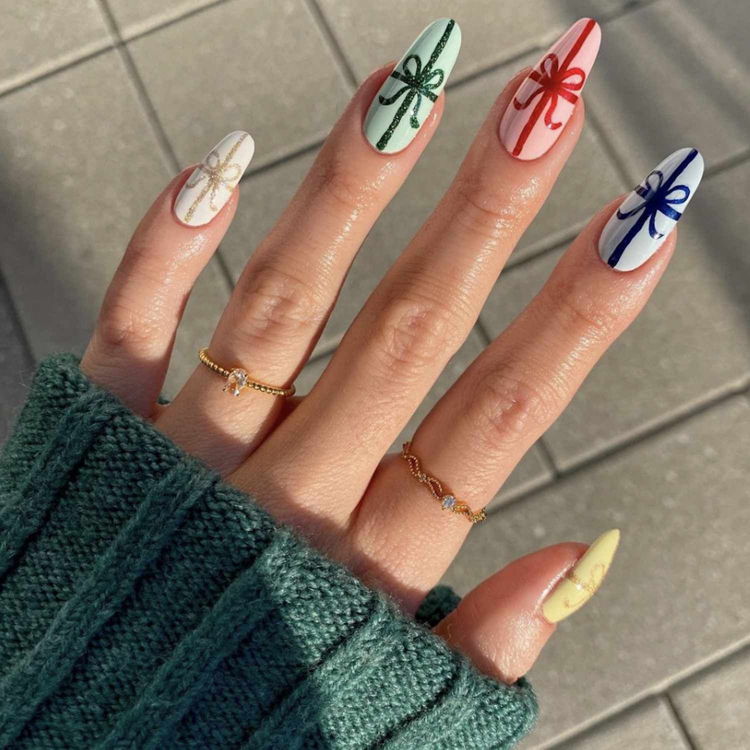 Gift Wrapped Multi-Color Bow Almond Nails Gift Wrapped Multi-Color Bow Almond Nails β Winter Bow Nails