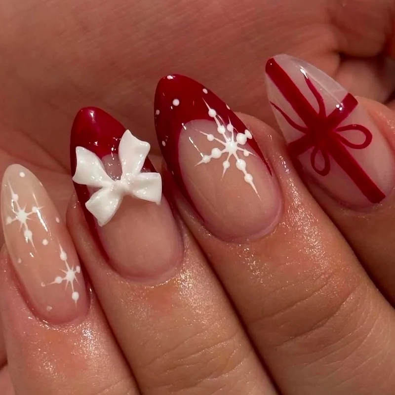 Festive French Tips with 3D Bows — Cute Winter Nails