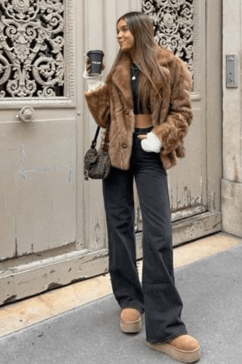 Faux Fur Jacket with Wide-Leg Jeans and Tan Platform Slippers Faux Fur Jacket with Wide-Leg Jeans and Tan Platform Slippers β Ugg Slippers Outfits