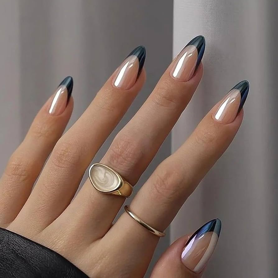 Deep Blue Silver Chrome French Almonds Deep Blue Silver Chrome French Almonds โ Winter Almond Nails