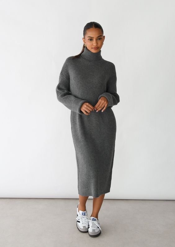 Charcoal Grey Longline Turtleneck Sweater Dress with Sneakers Charcoal Grey Longline Turtleneck Sweater Dress with Sneakers โ Sweater Dress Outfits