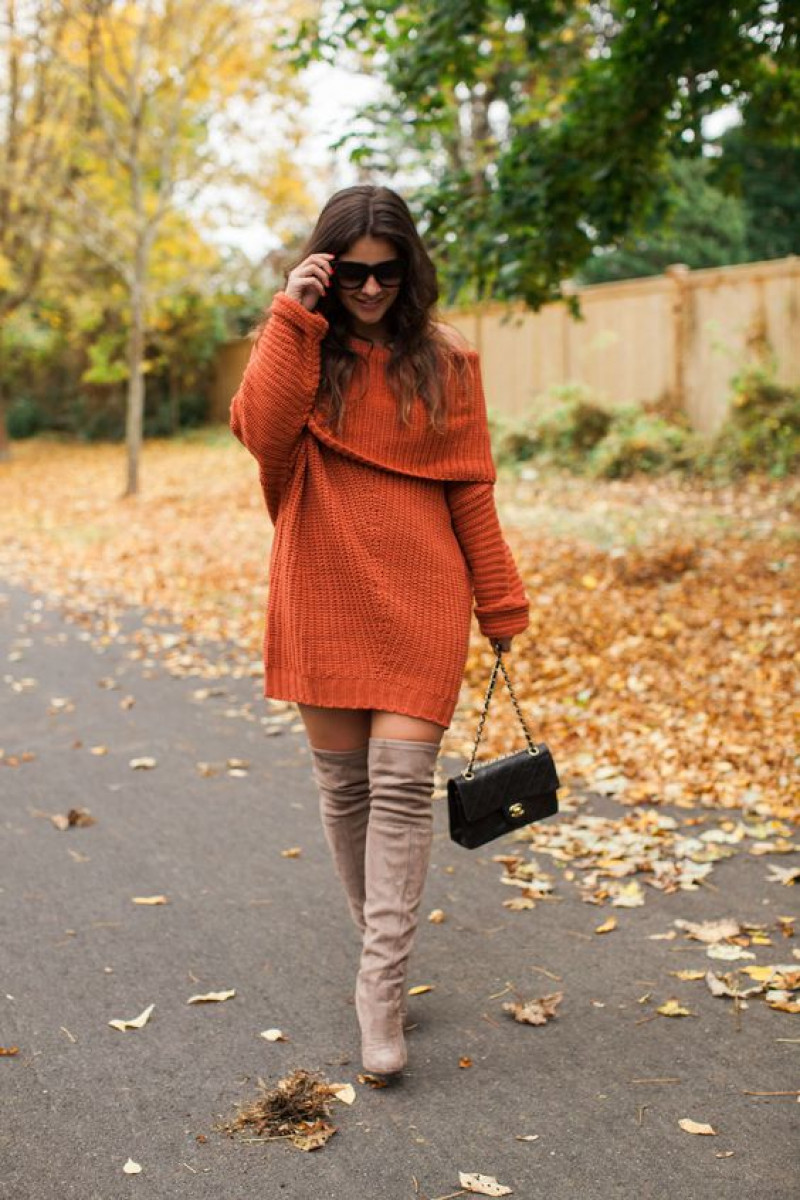 Off-the-Shoulder Sweater Dress with Over-the-Knee Boots — Winter Dinner Outfits