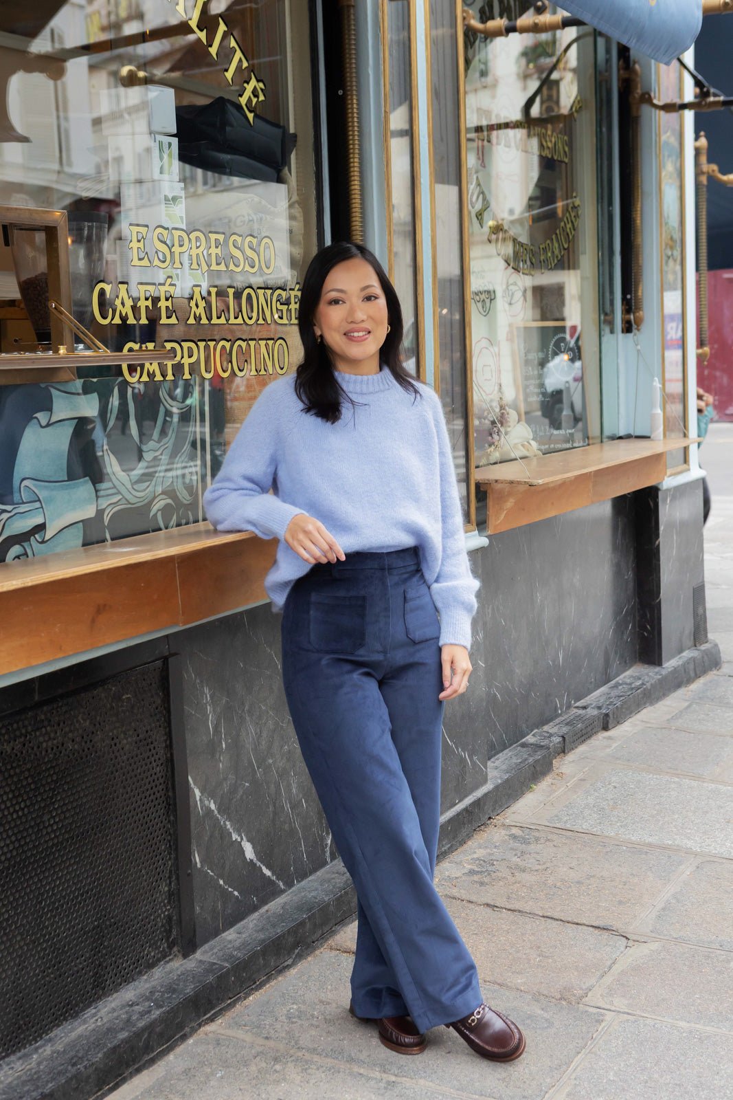 Fuzzy Sweater with Velvet Trousers Fuzzy Sweater with Velvet Trousers β Winter Outfits for Petite Women