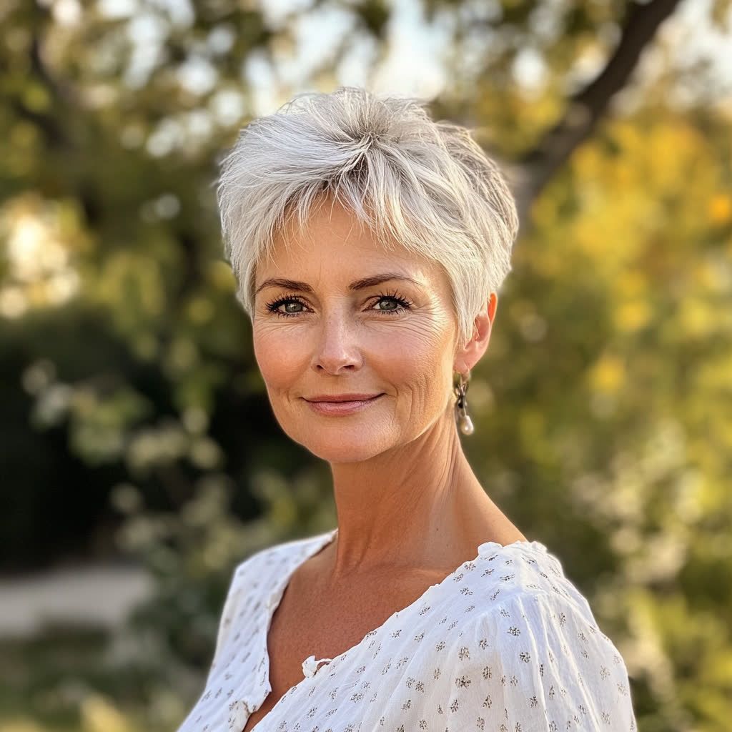 Textured Silver-Grey Pixie with Wispy Bangs — Winter Hairstyles for Women Over 50