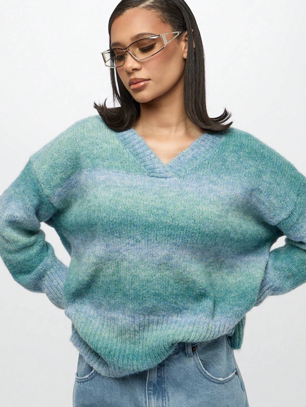 Gradient Hues: Teal and Blue Striped Oversized Sweater — Oversized Sweater Outfits