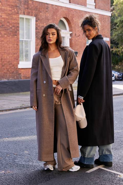 Brown Double-Breasted Wool Coat with White Crop Top — Wool Coat Outfits