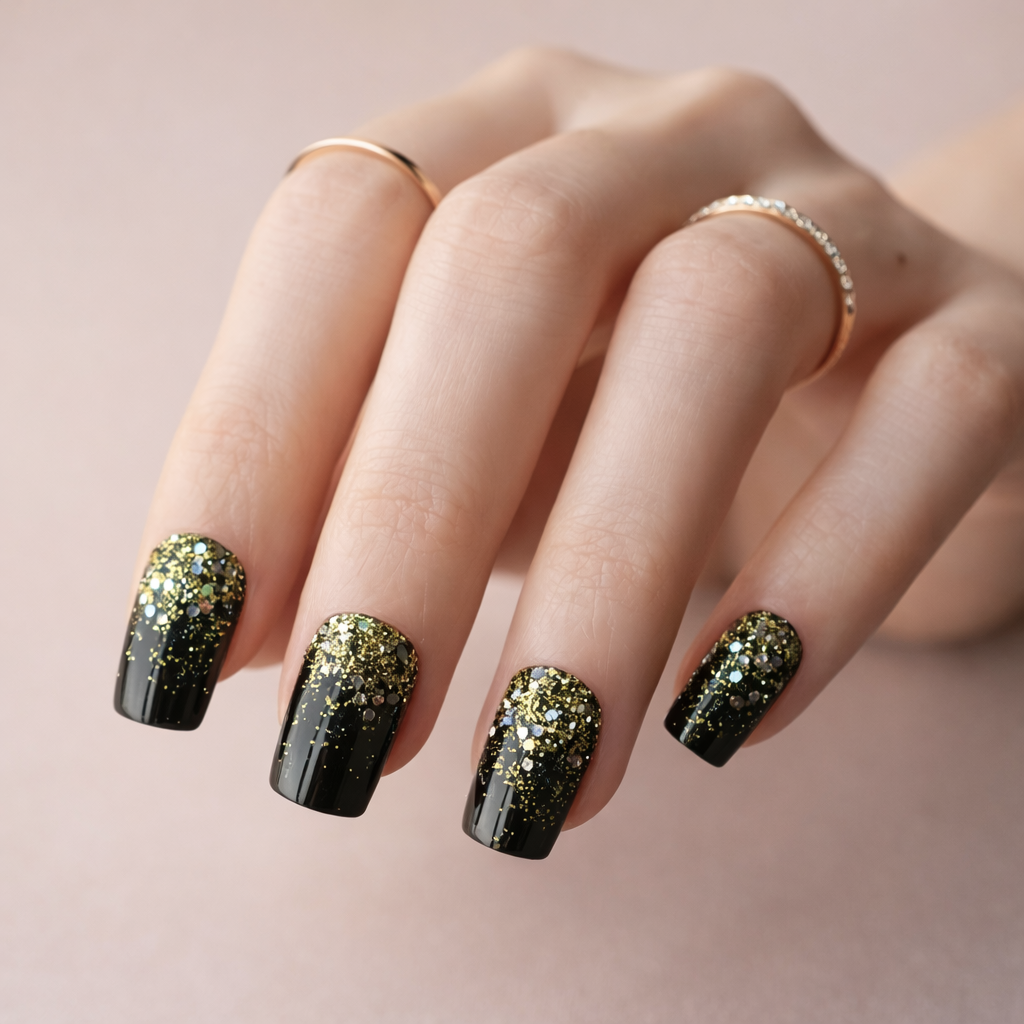 Black With Gold and Silver Glitter Gradient — Winter Black Nails