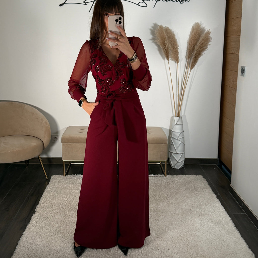 Deep Red Jumpsuit with Sequined Bodice and Sheer Sleeves Deep Red Jumpsuit with Sequined Bodice and Sheer Sleeves β Burgundy Outfits