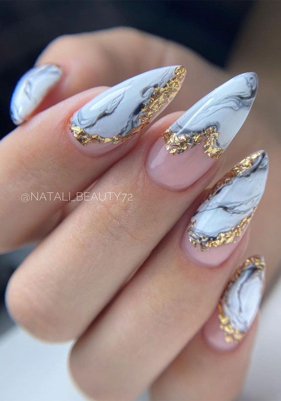 Sheer Pink Stiletto with Gold Foil — Winter Marble Nails