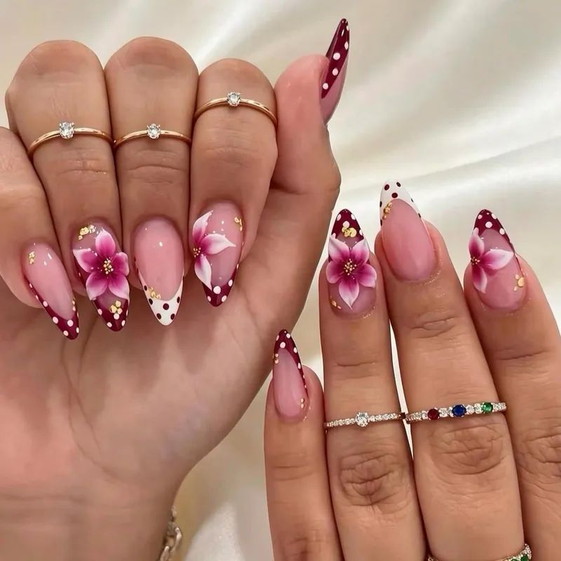 Burgundy French with 3D Flowers Burgundy French with 3D Flowers β Winter Birthday Nails