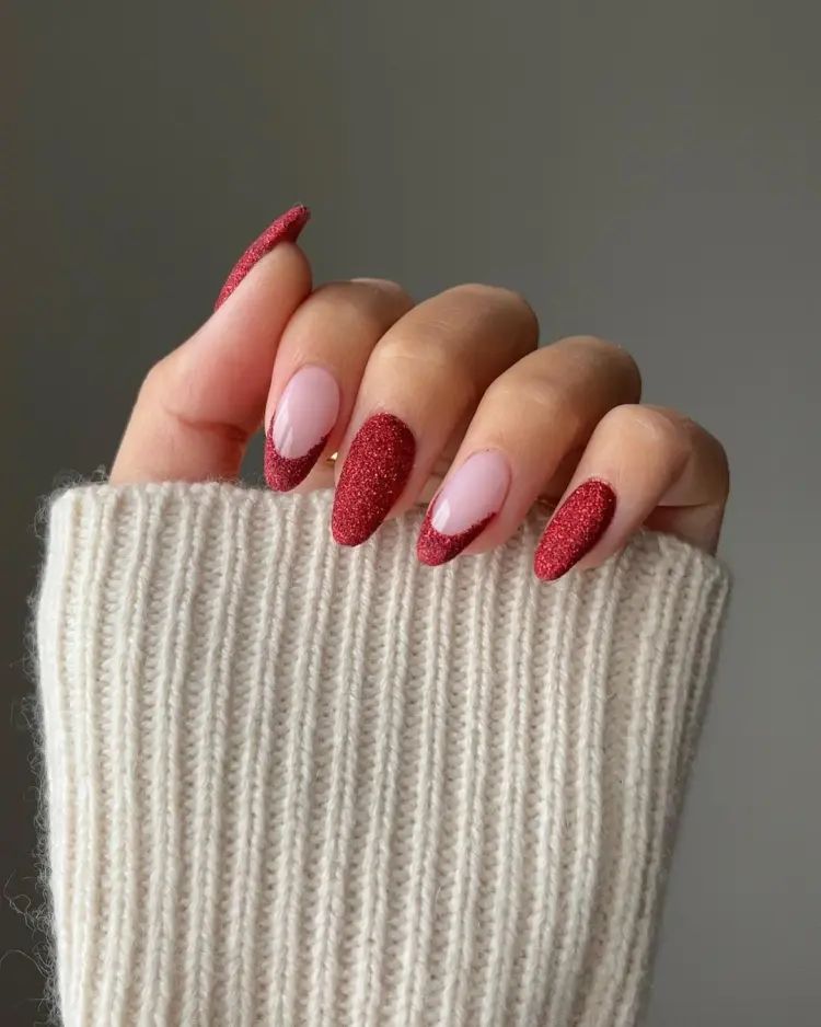 Deep Red Glitter French Tip Almonds Deep Red Glitter French Tip Almonds β Old Money Winter Nails