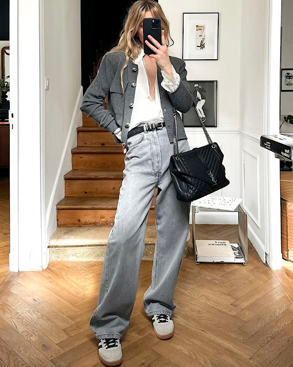 Modern Mix: Cropped Jacket and Sneakers with Grey Wide Leg Jeans — Winter Outfits with Wide Leg Jeans