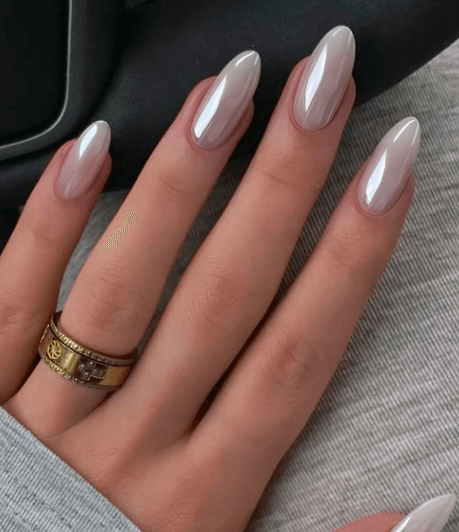 Pale Pearlescent Beige Shimmer Nails Pale Pearlescent Beige Shimmer Nails โ Winter Nail Colors for Women Over 40