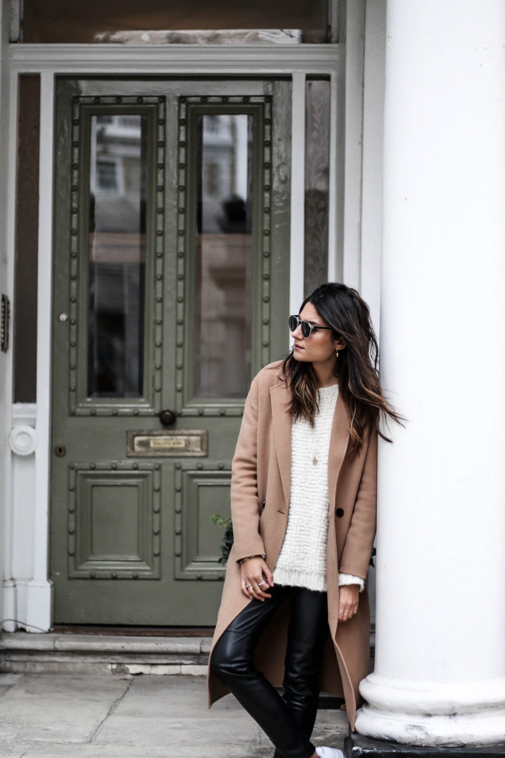 Camel Coat Over Textured Knit and Leather Trousers Camel Coat Over Textured Knit and Leather Trousers β London Winter Outfits
