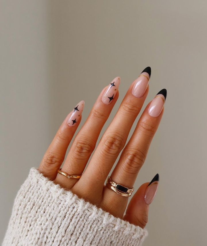 Nude Black French Gold Star Nails Nude Black French Gold Star Nails β Winter Acrylic Nails