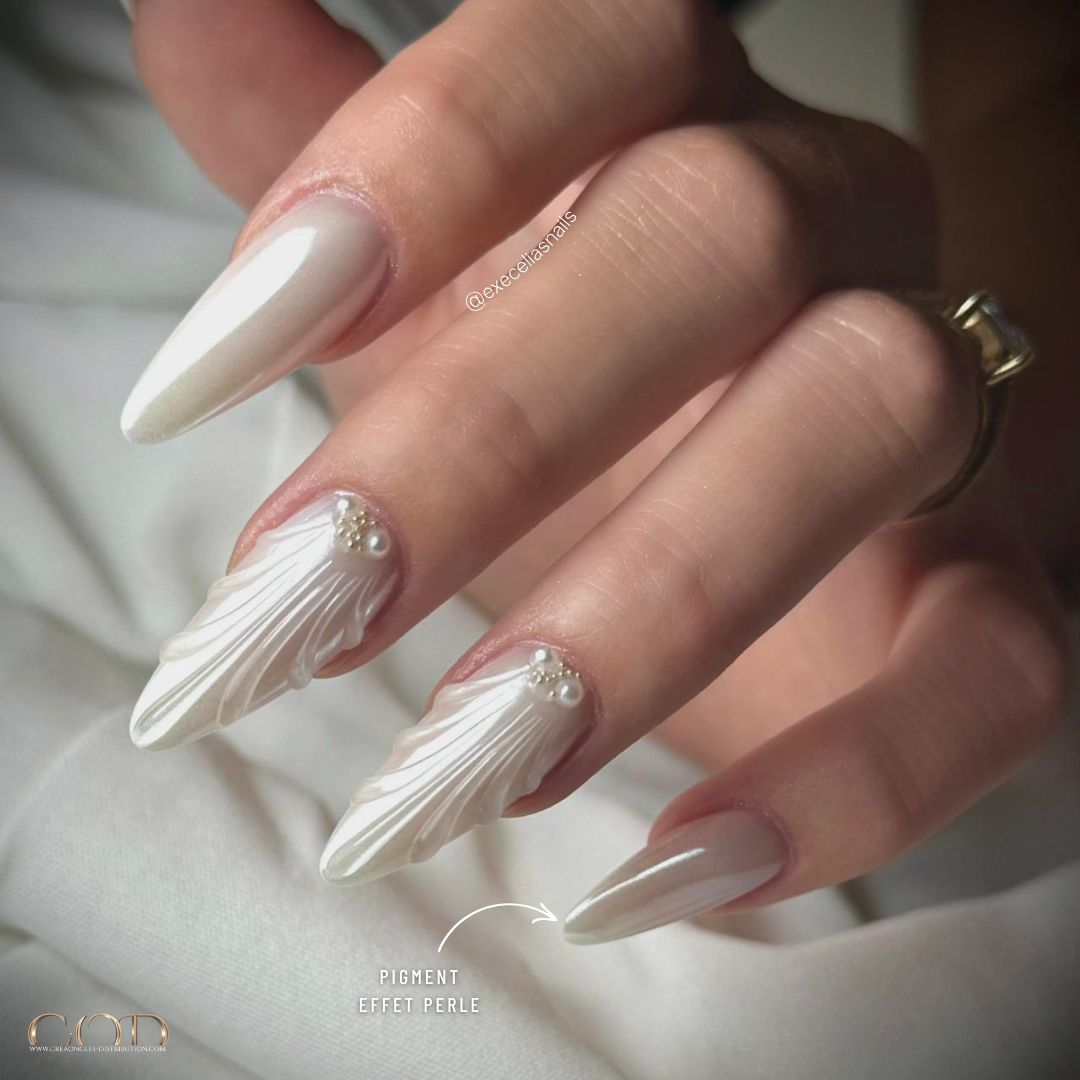 Long Stiletto 3D Shell Art Nails — Winter Pearl Nails