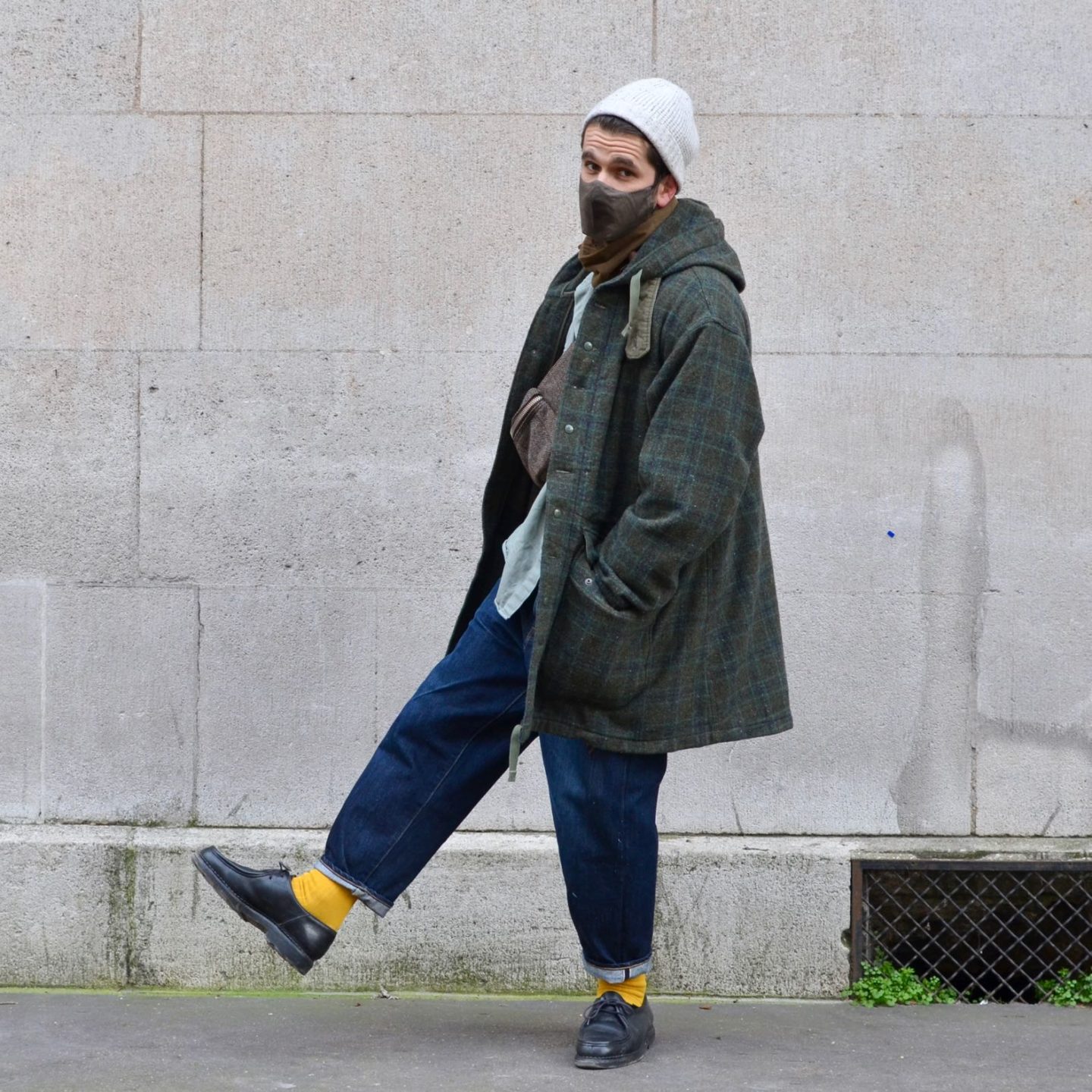 Plaid Hooded Jacket with Beanie and Bright Socks Plaid Hooded Jacket with Beanie and Bright Socks β Winter Outfits for Men