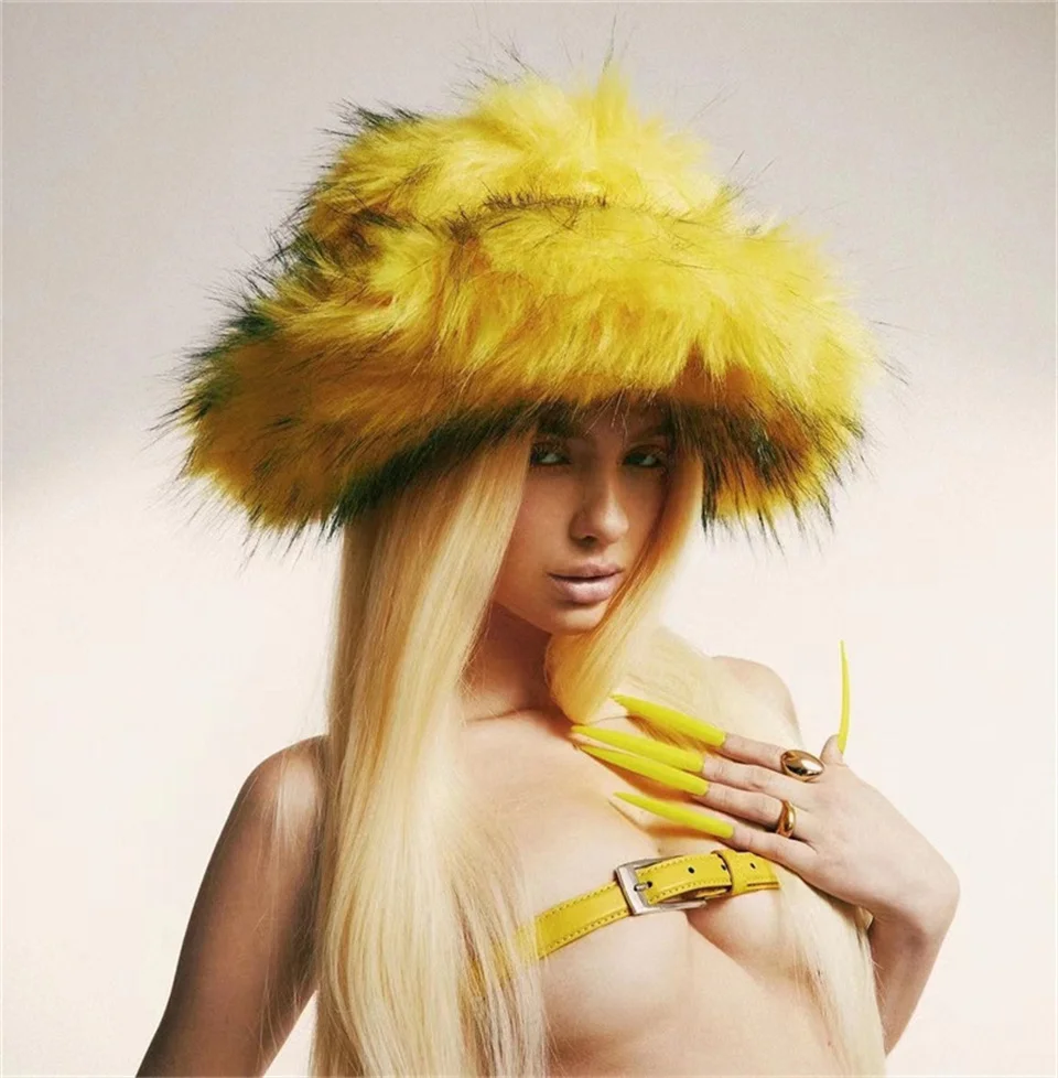 Oversized Yellow Fluffy Hat with Black Tips Oversized Yellow Fluffy Hat with Black Tips β Fur Hat Outfits