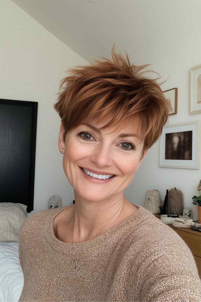 Spiky Copper Red Pixie — Winter Haircuts for Women Over 40