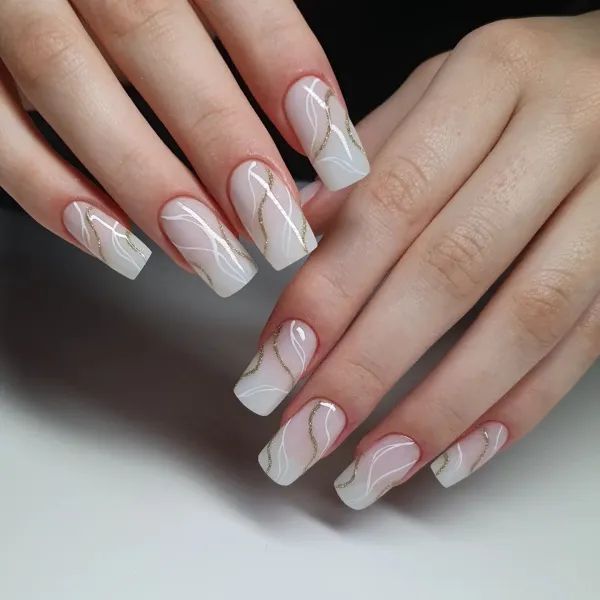 Medium Square Milky White with Line Art Medium Square Milky White with Line Art β Milky White Nails