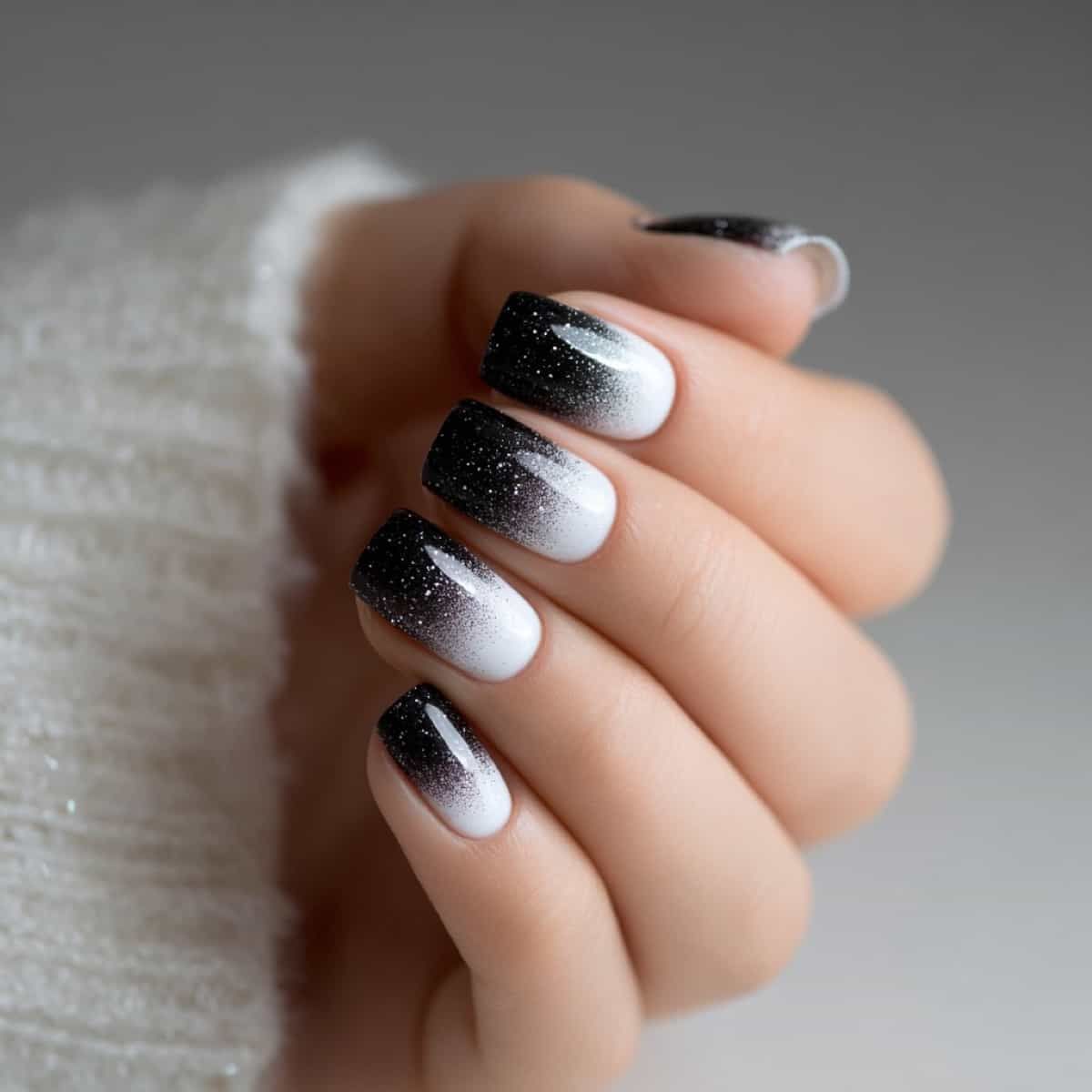 Black to White Glitter Gradient Square Nails Black to White Glitter Gradient Square Nails β Sparkly New Years Nails 2027