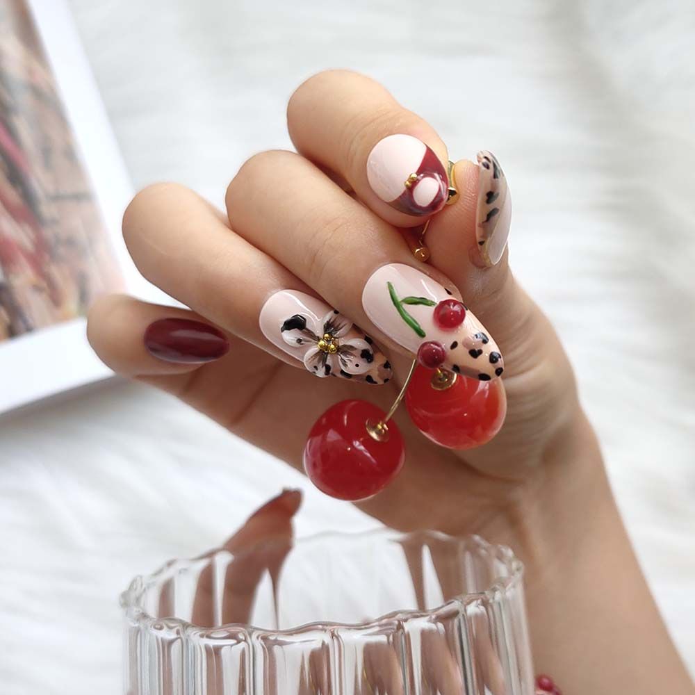 Almond Nails with Cherry French Tips Almond Nails with Cherry French Tips β Black Cherry Nails