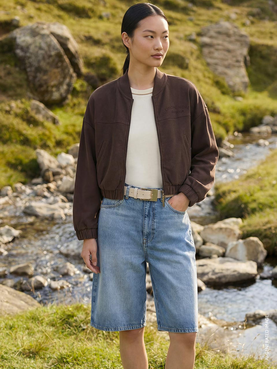 Cropped Brown Bomber Jacket with Embroidered Details Cropped Brown Bomber Jacket with Embroidered Details β Chocolate Brown Outfits